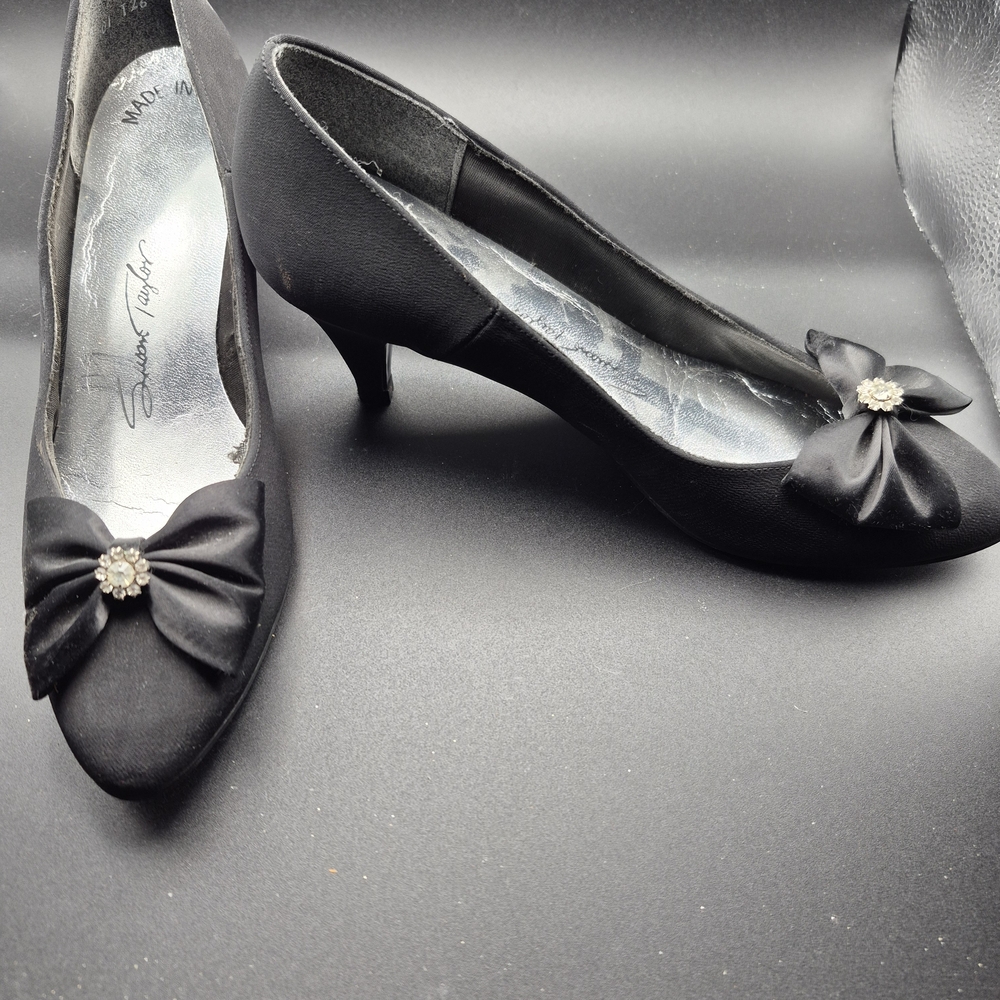 Susan Taylor Black Satin Bow Kitten Heel Pumps with Rhinestone Accent